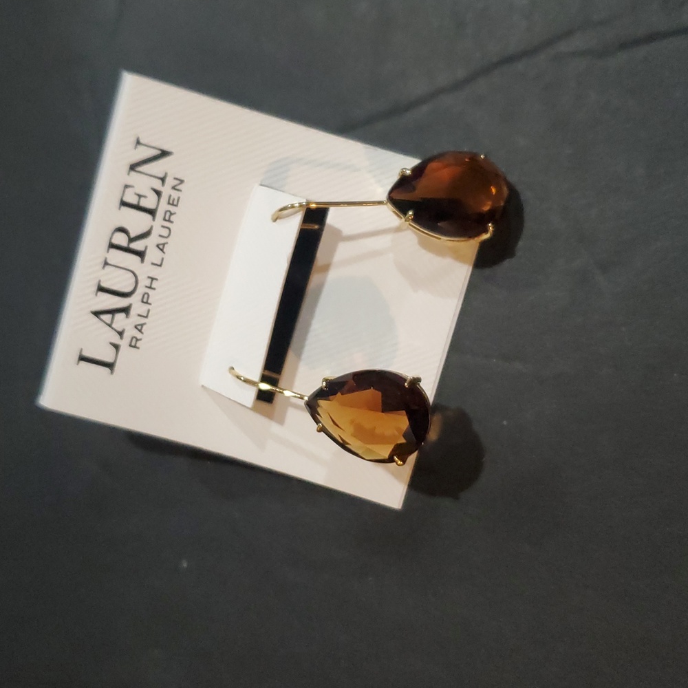Lauren Ralph‎ Lauren oval teardrop shape brown amber gemstone earrings brand new